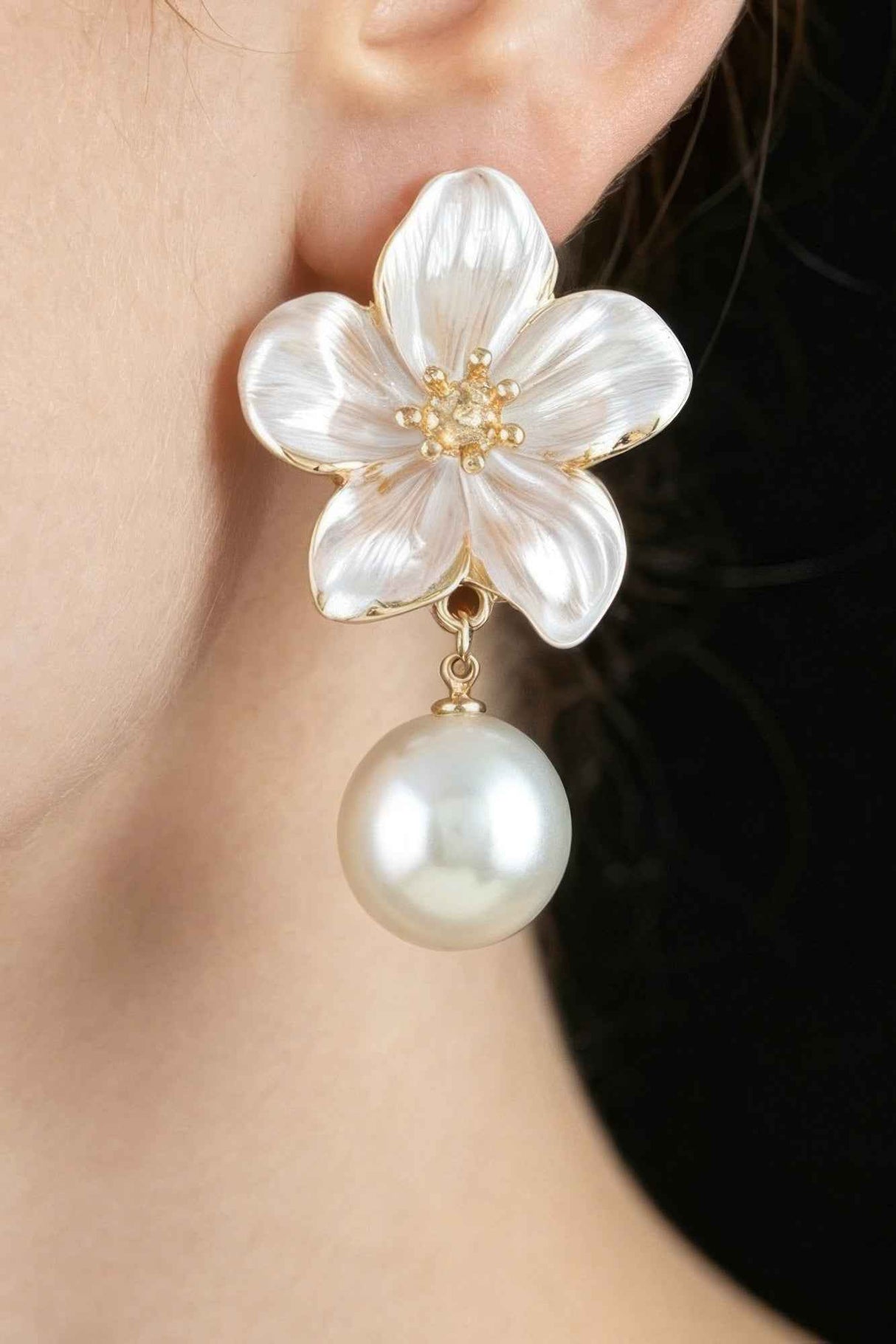 Polished Flower Pearl Drop Earrings