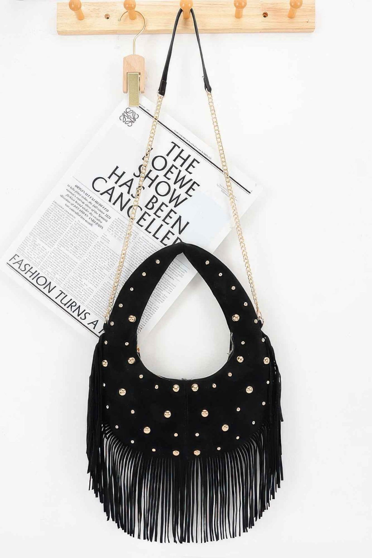 Faux Suede Metal Studded Fringe Hobo Bag