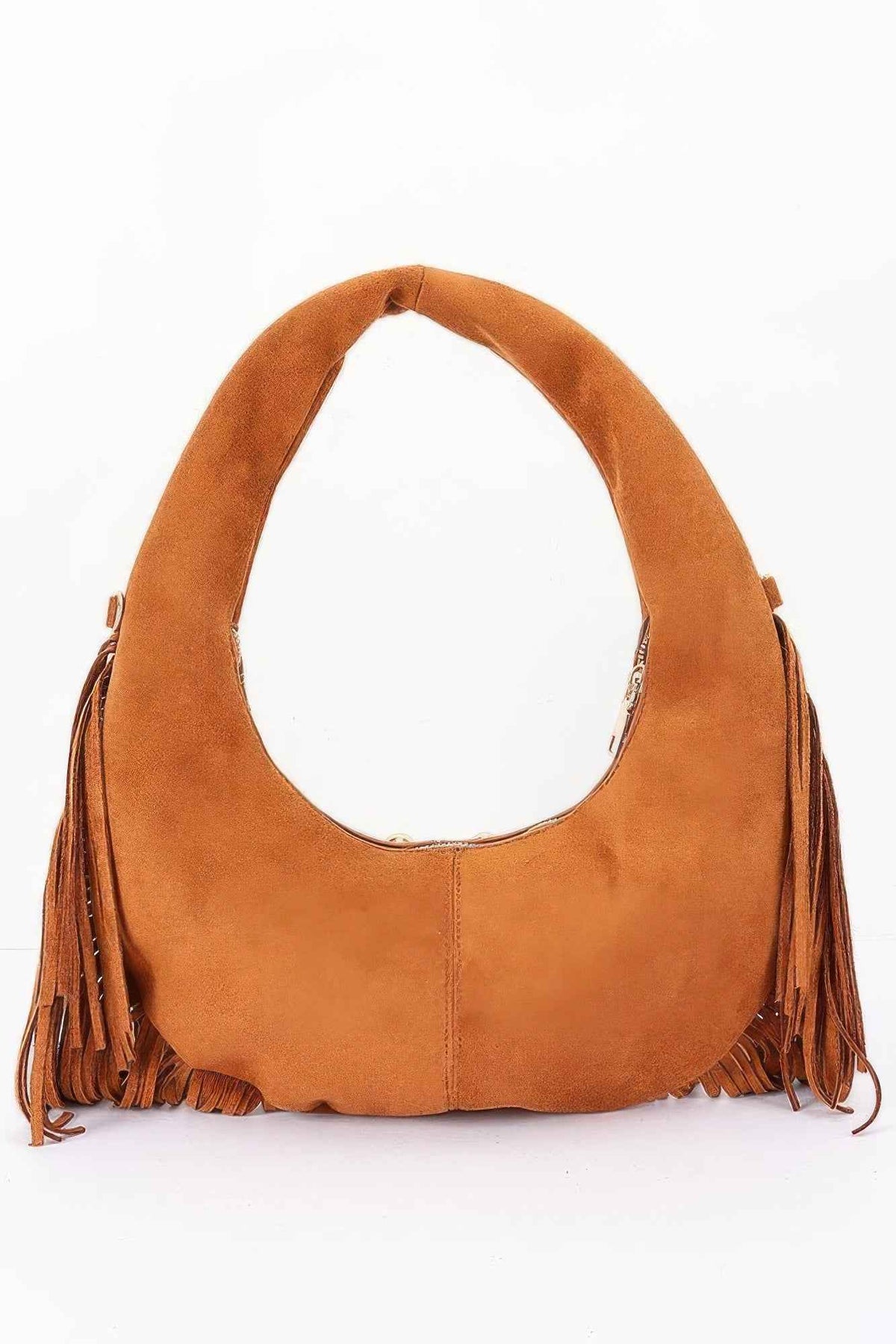 Faux Suede Metal Studded Fringe Hobo Bag