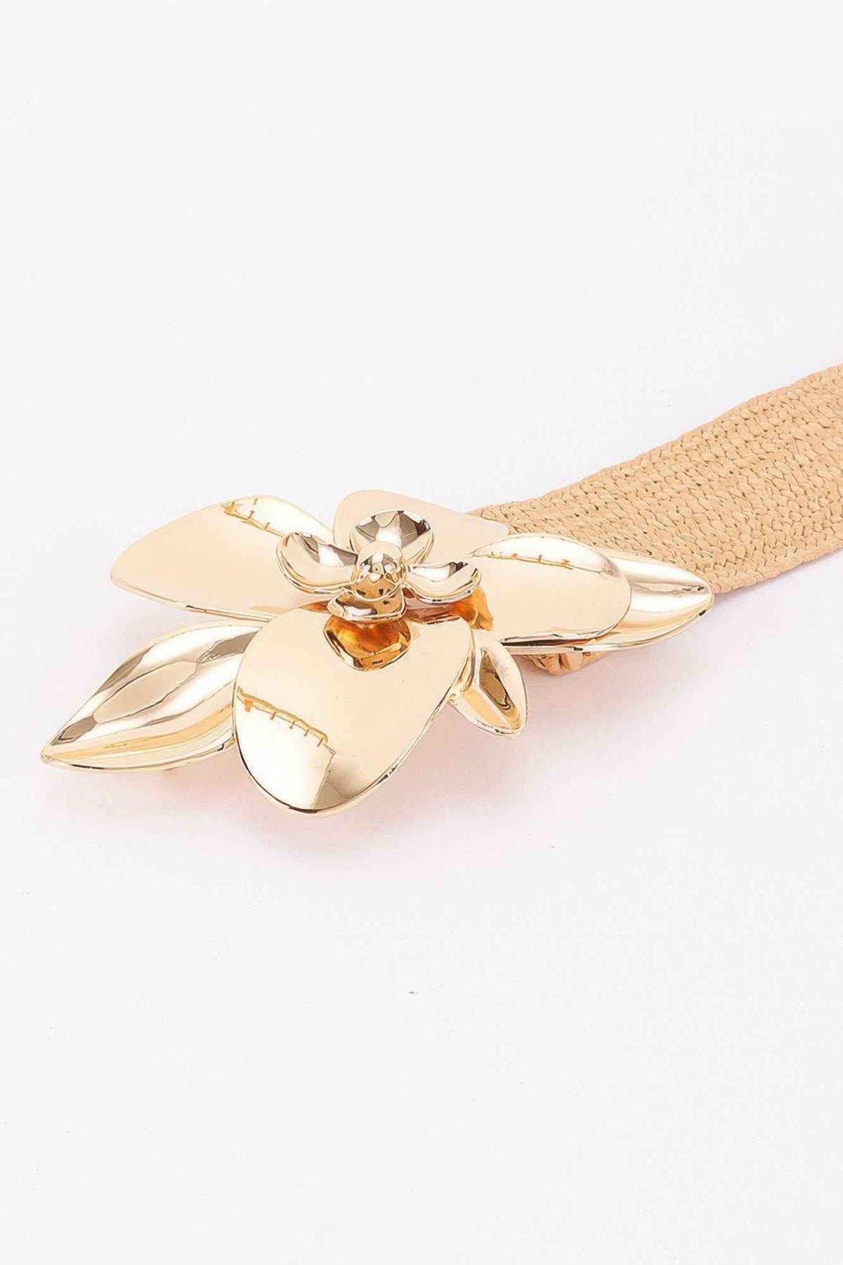 Faux Straw Big Flower Metal Buckle Elastic Belt