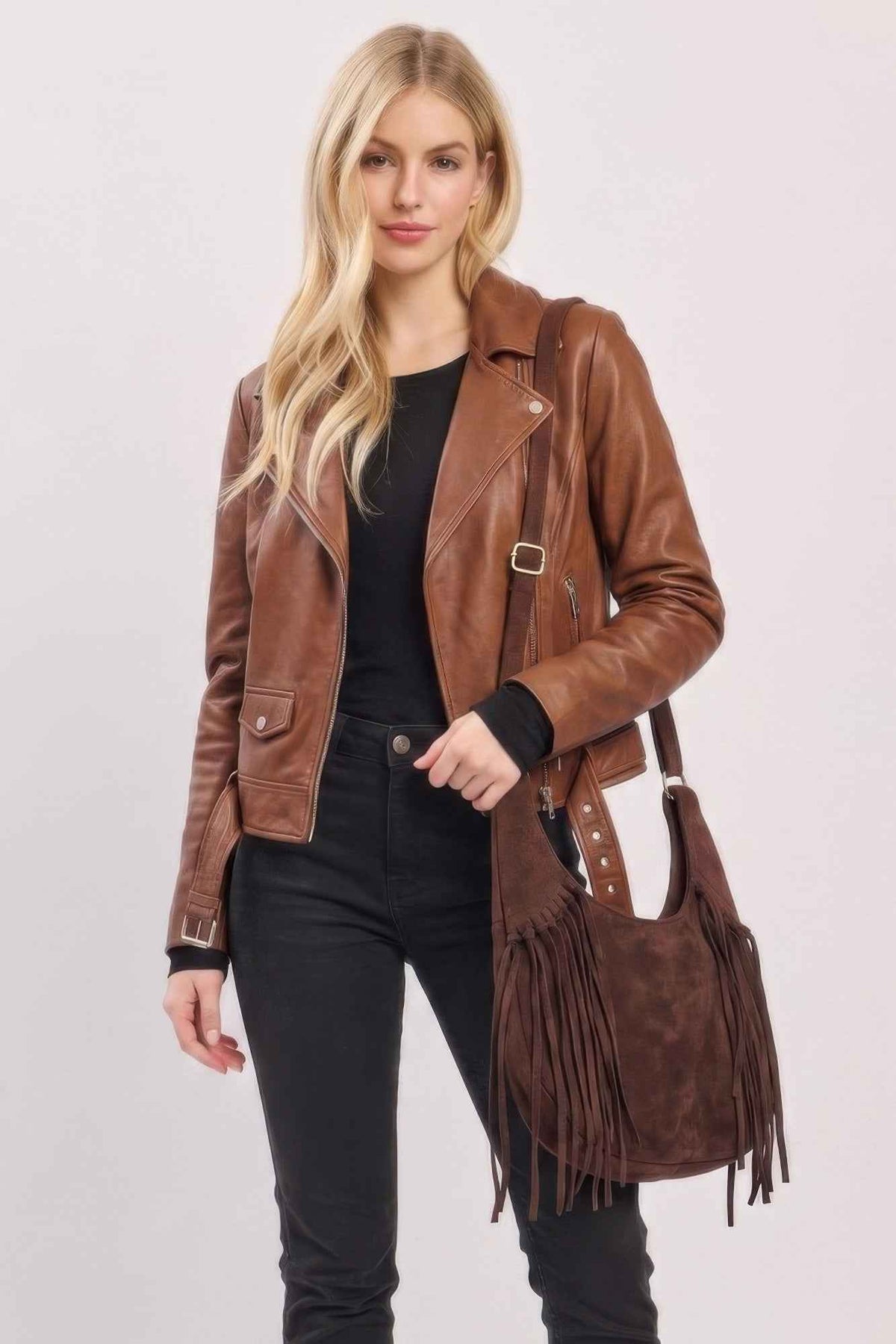 Western Faux Suede Fringe Hobo Bag With Adjustable Strap
