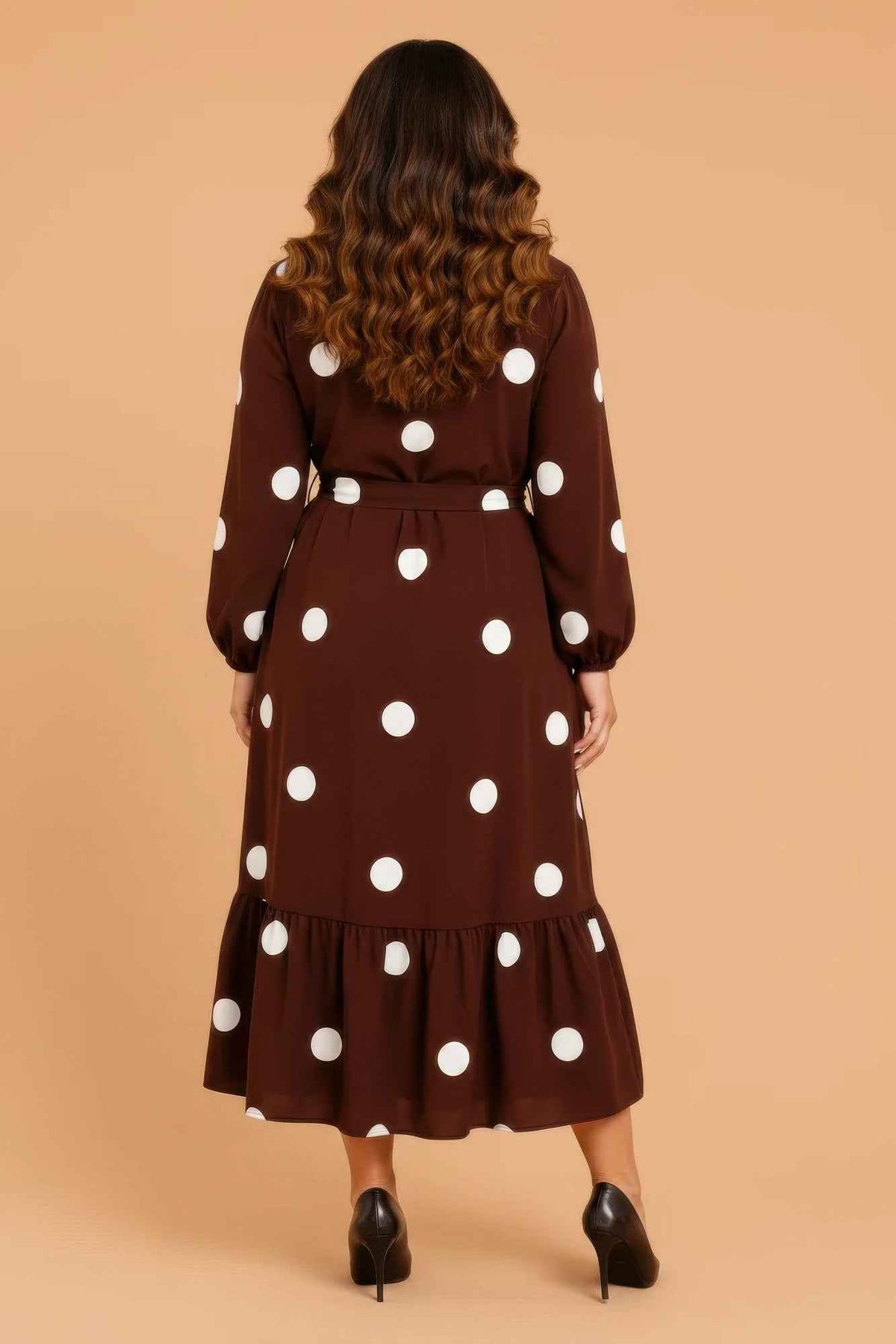Plus Size Polka Dot Long Sleeve Ruffle Midi Dress
