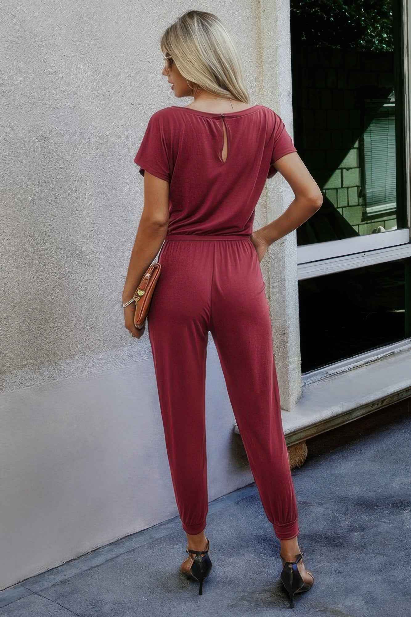 Solid Slant Shoulder Short Sleeve Jumpsuit