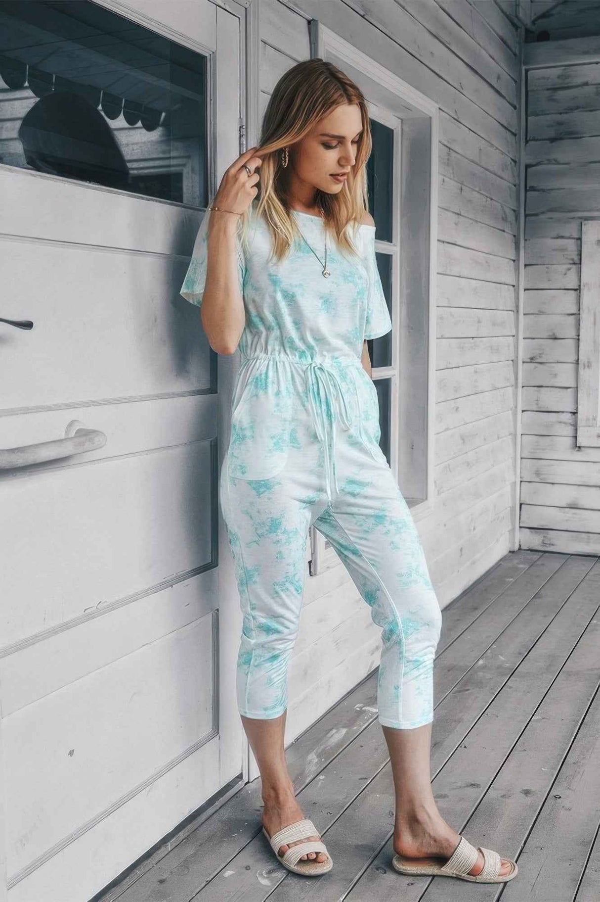 Tie Dye One Shoulder Drawstring Fit Jumpsuit