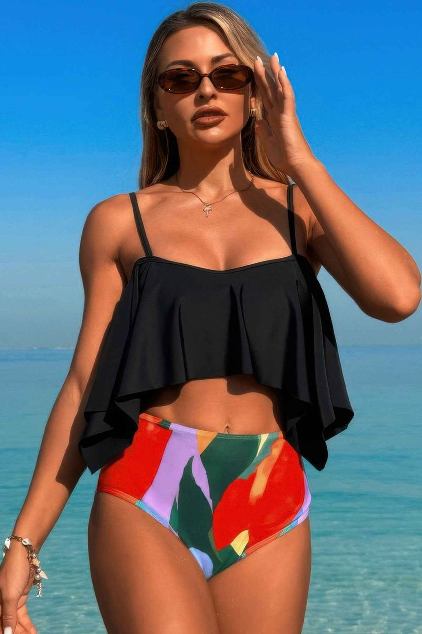 Ruffle Top High Waisted Bottom Tankini Swimsuit