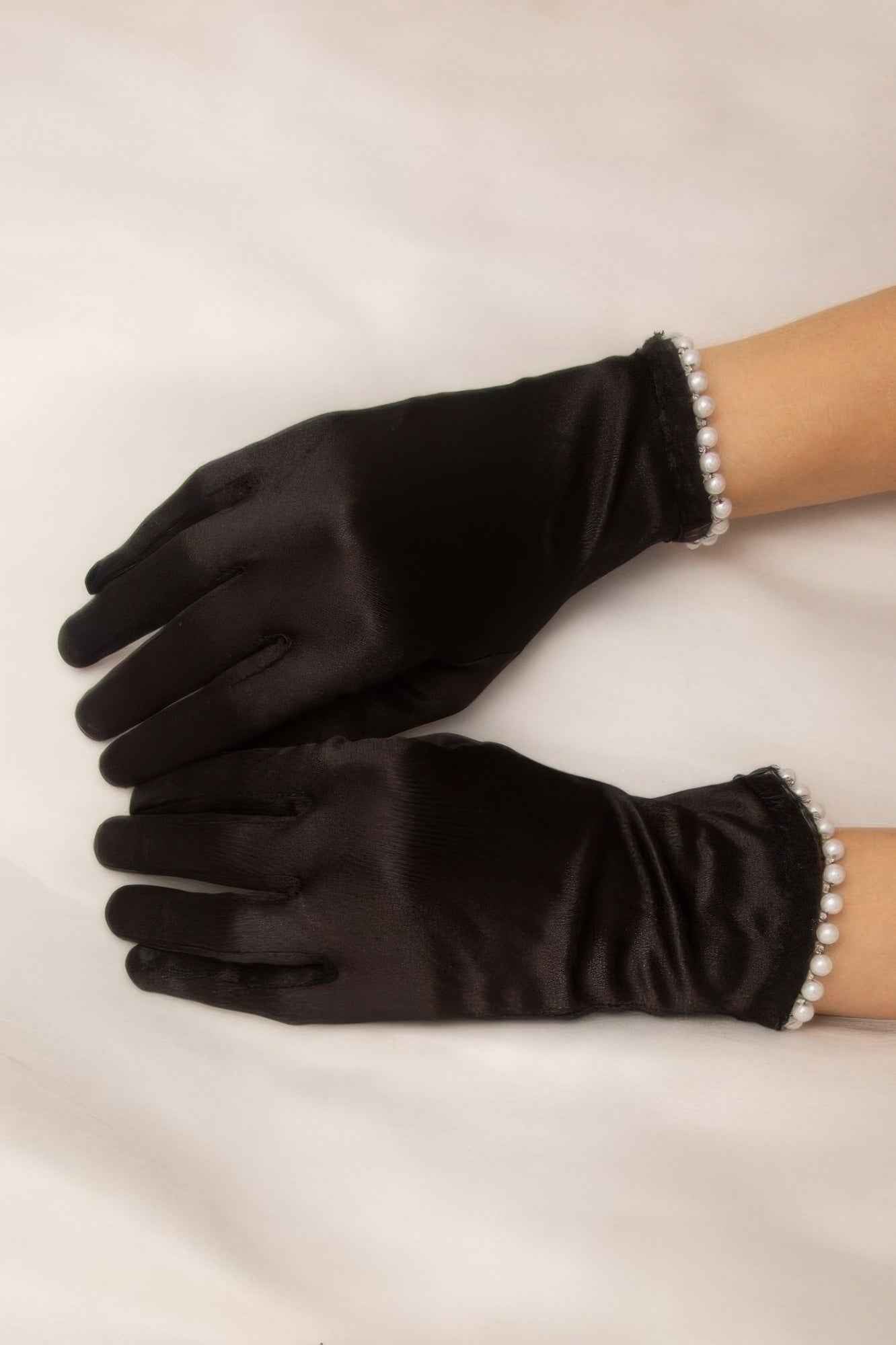 Women's Bridal Pearl Trim Satin Wrist Gloves