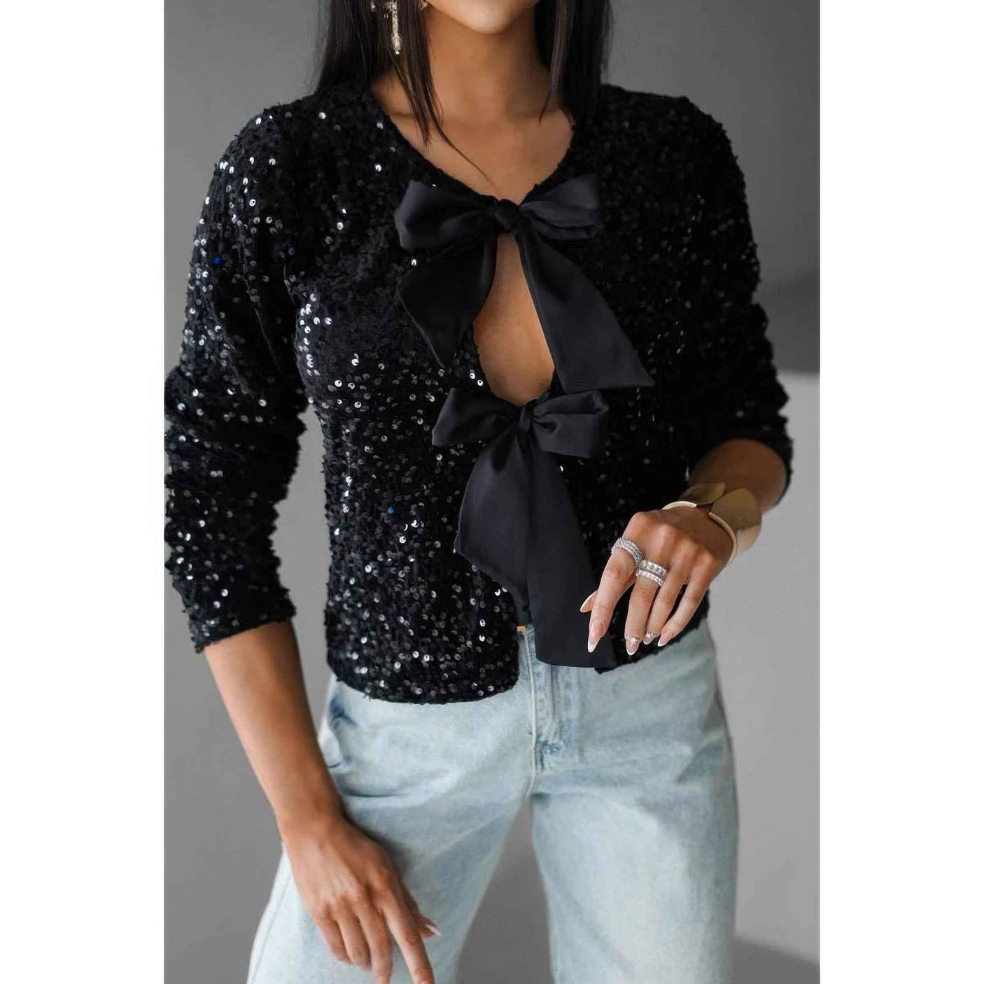 V Neck Sparkly Bolero Cropped Tie Front Jacket