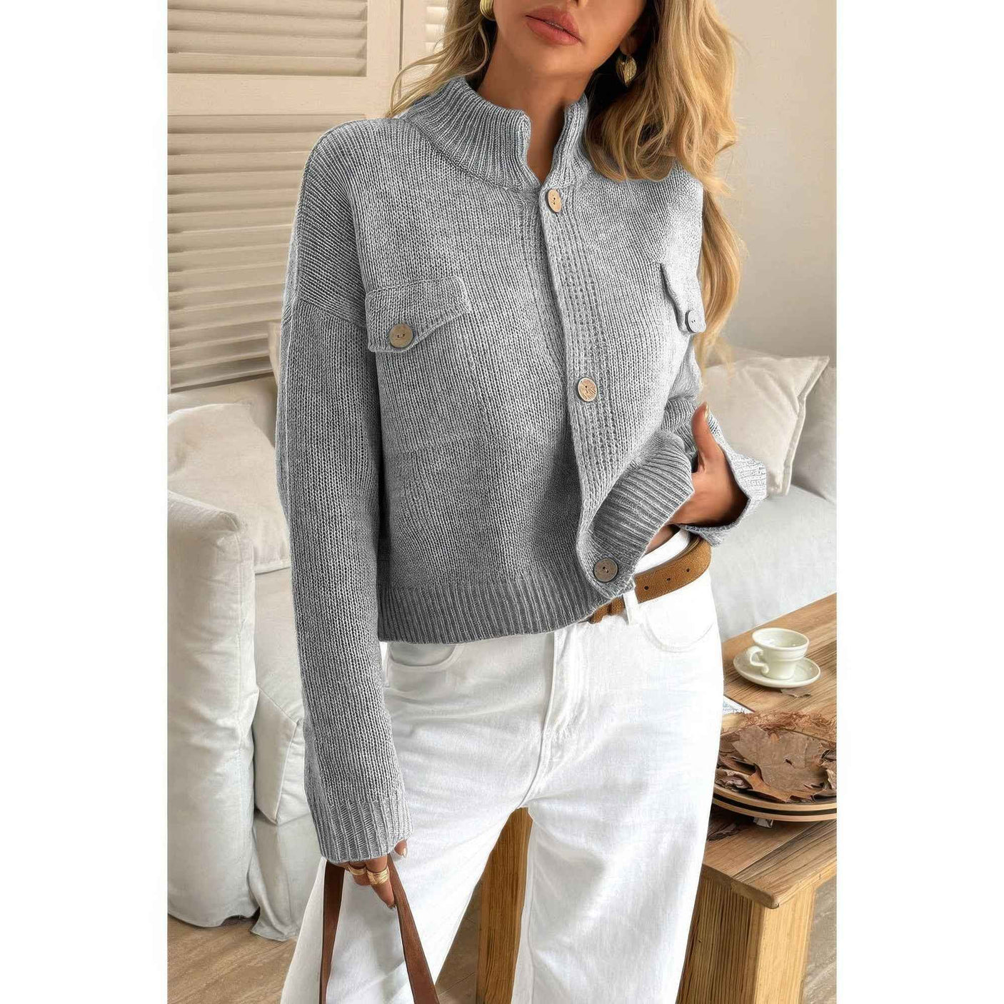 Button Down Long Sleeve Textured Knit Jacket