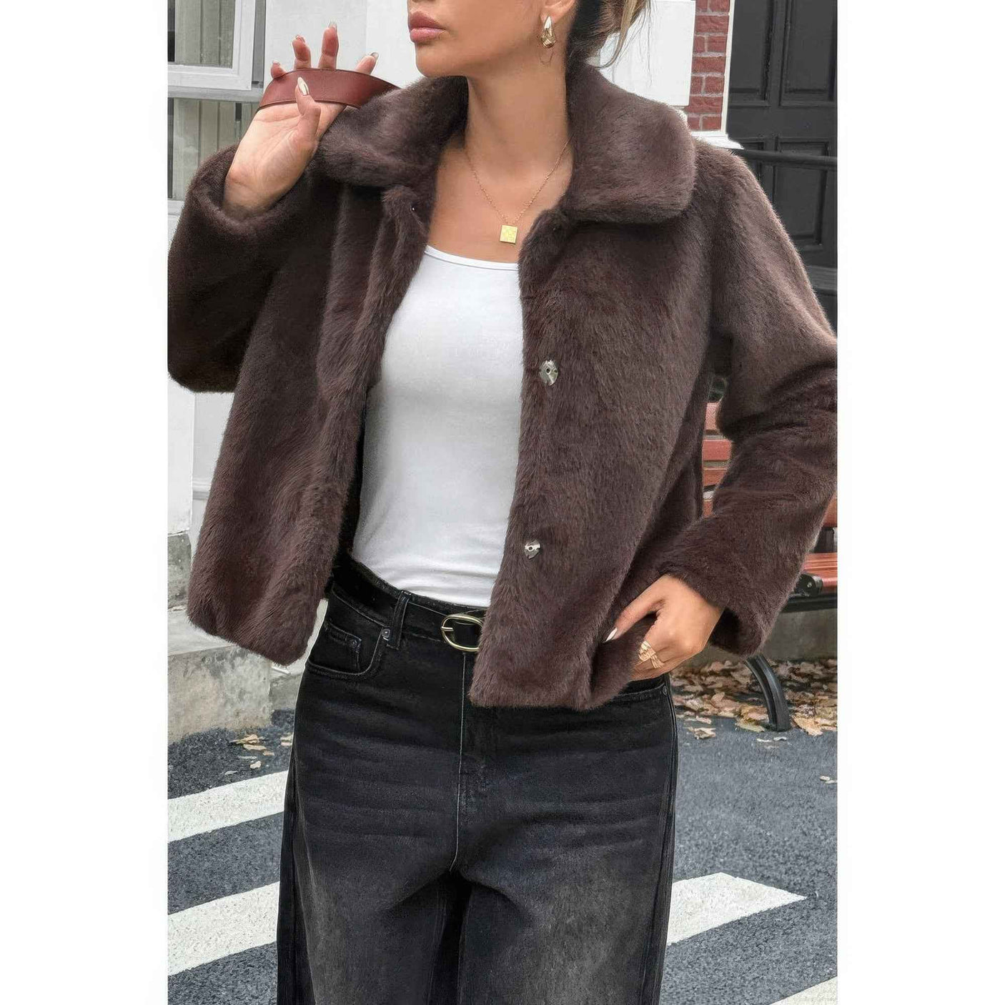 Solid Button Faux Fur Crop Jacket