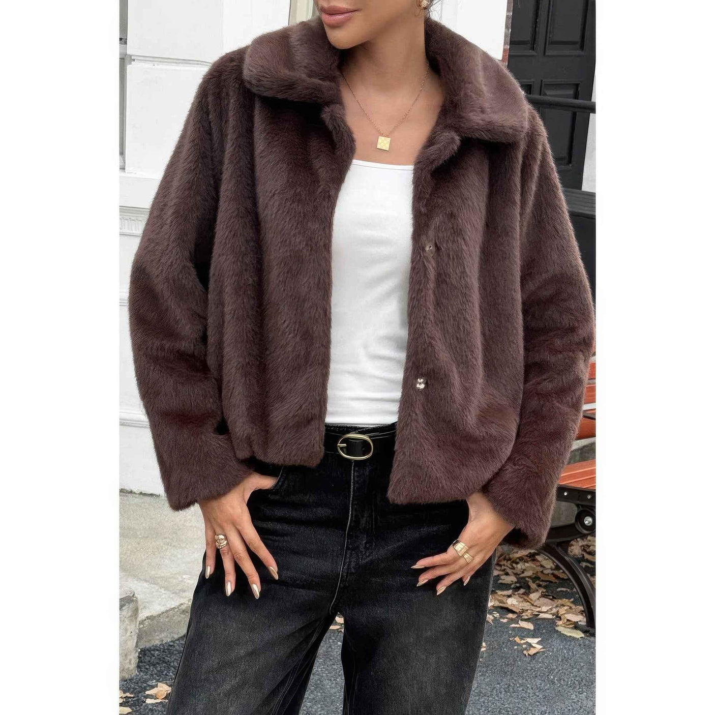 Solid Button Faux Fur Crop Jacket