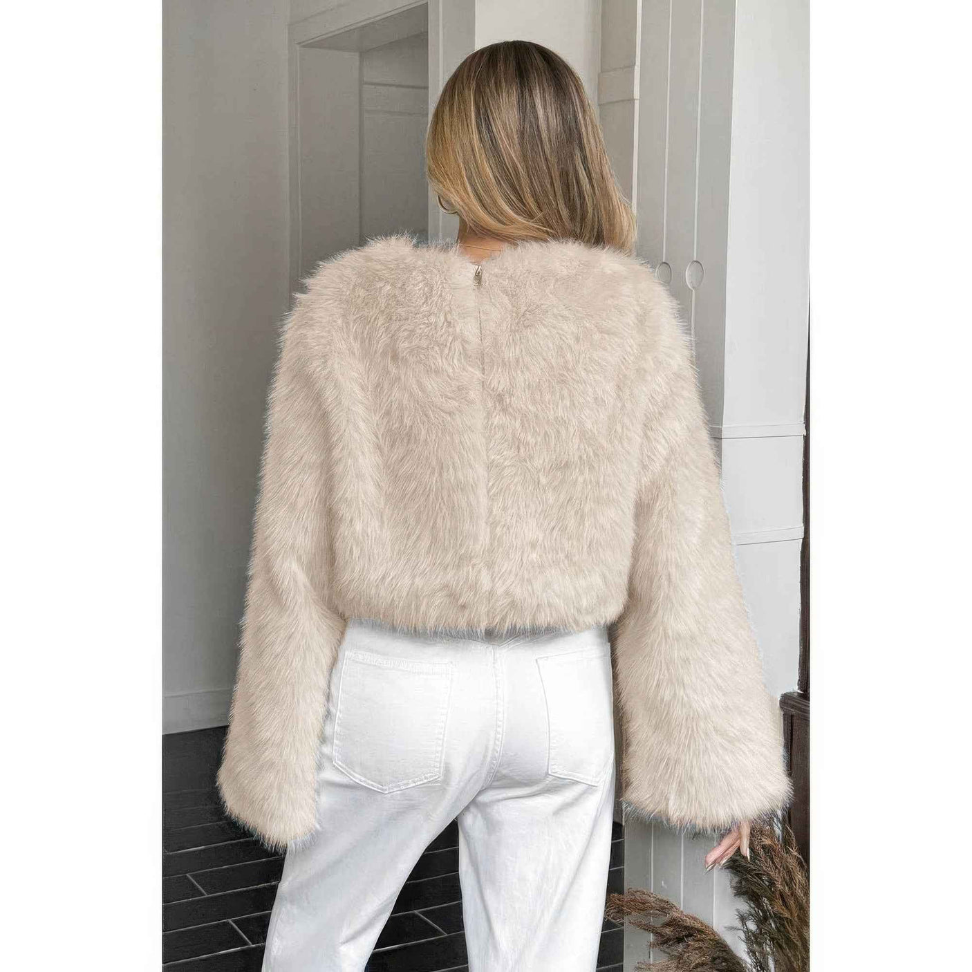 Solid Faux Fur Back Hide Zipper Pullover Coat