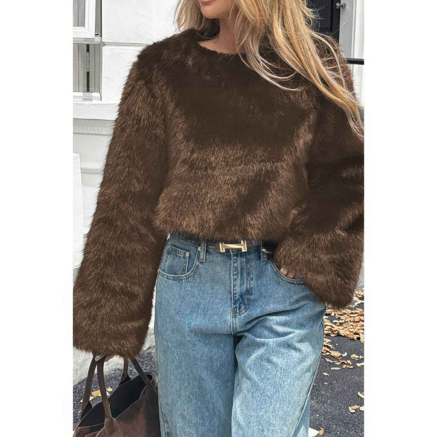 Solid Faux Fur Back Hide Zipper Pullover Coat