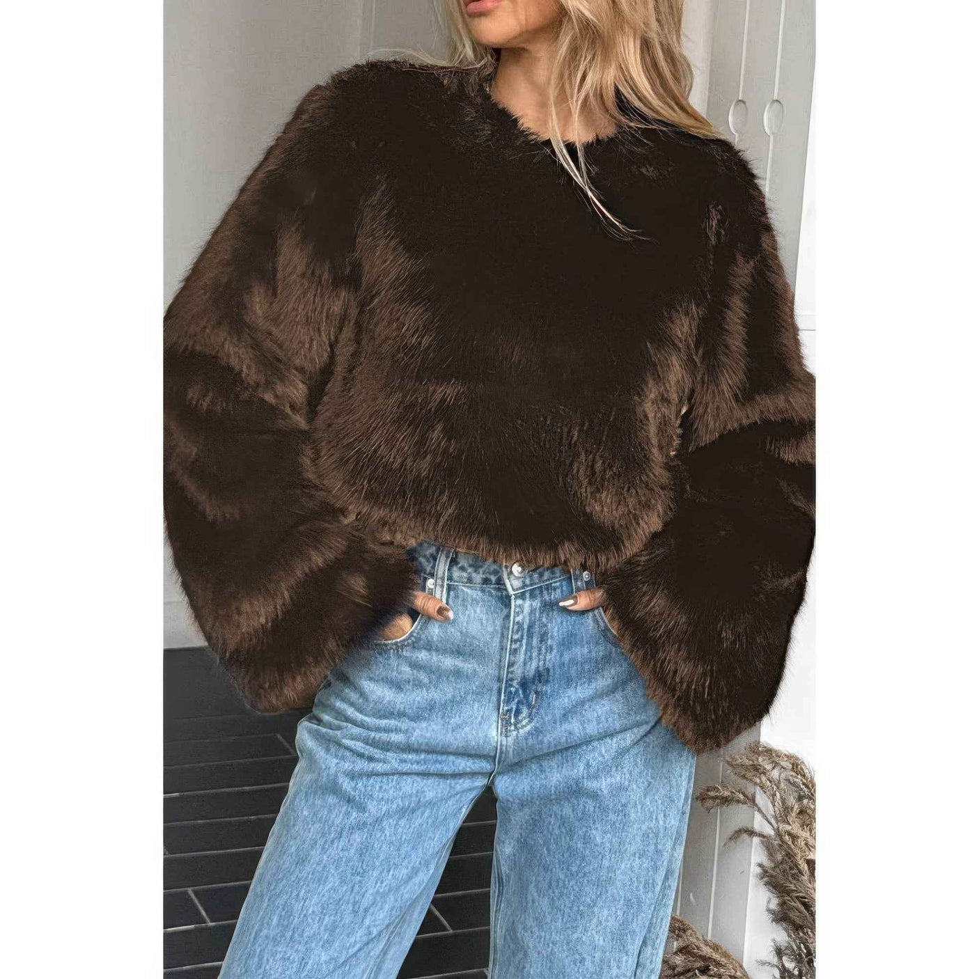 Solid Faux Fur Back Hide Zipper Pullover Coat