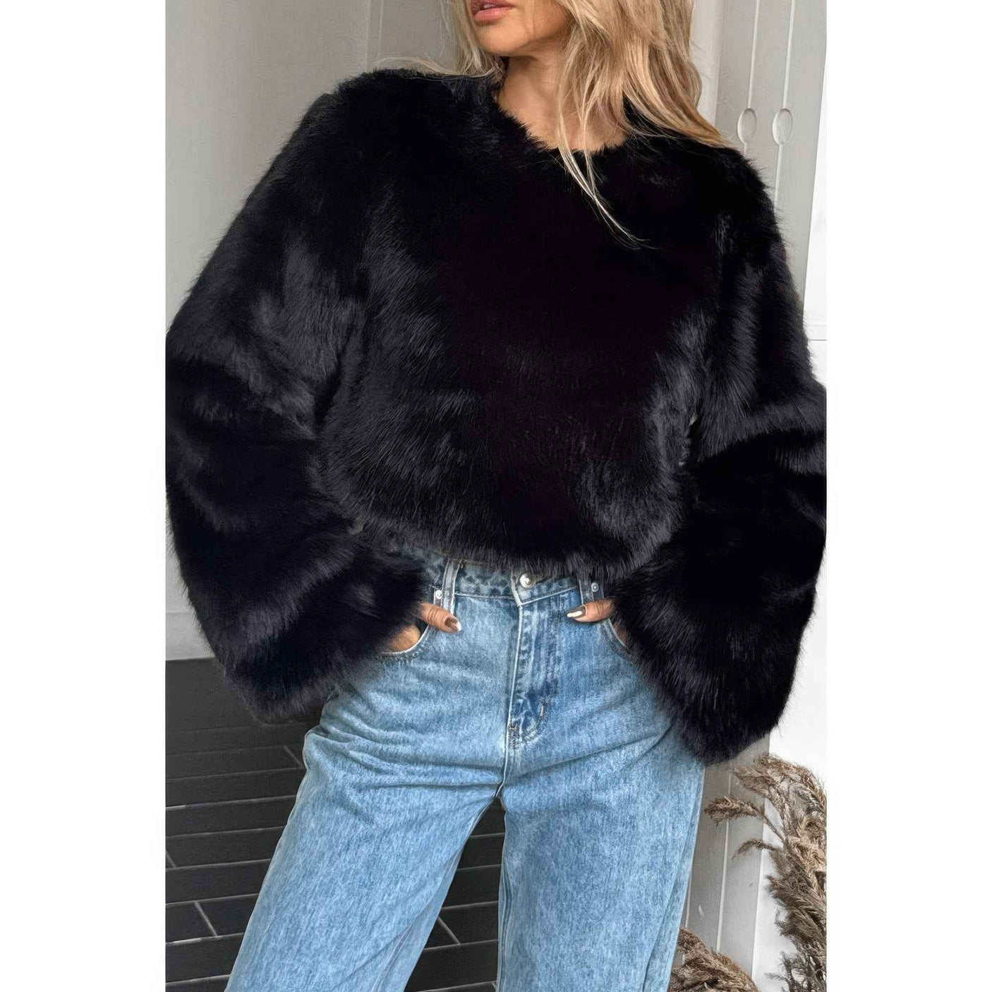 Solid Faux Fur Back Hide Zipper Pullover Coat
