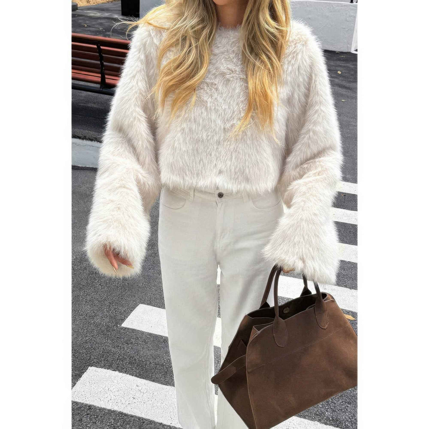 Solid Faux Fur Back Hide Zipper Pullover Coat
