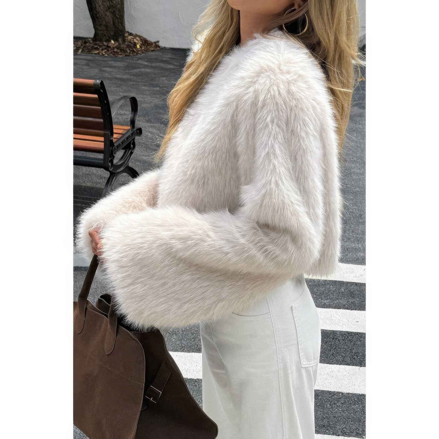 Solid Faux Fur Back Hide Zipper Pullover Coat