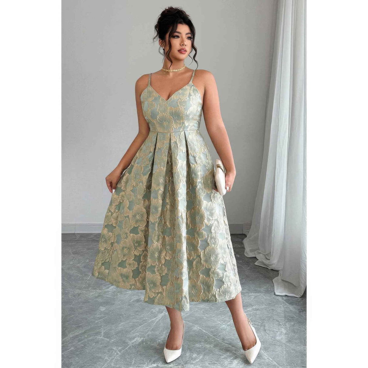 Plus Size Jacquard Elegant Spaghetti Strap Dress