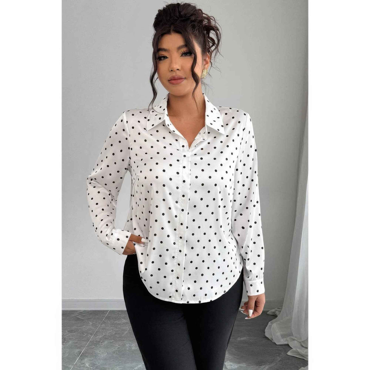 Plus Size Polka Dot Button Up Long Sleeve Shirt