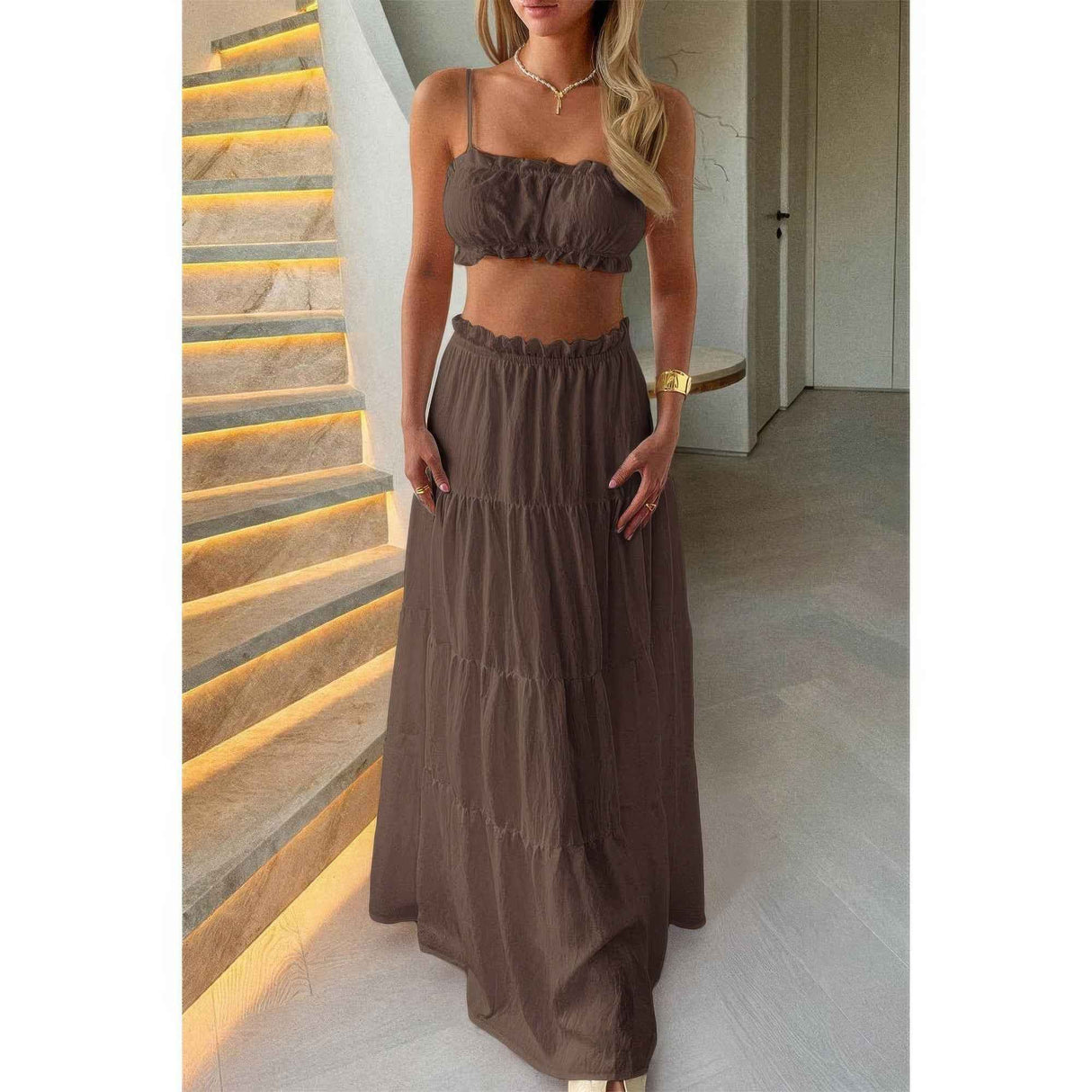Two Pieces Sleeveless Tank Top And Maxi Skirt Set