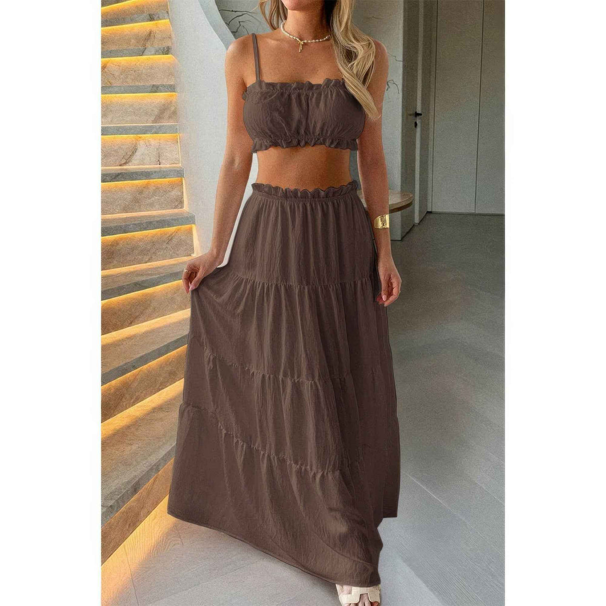 Two Pieces Sleeveless Tank Top And Maxi Skirt Set