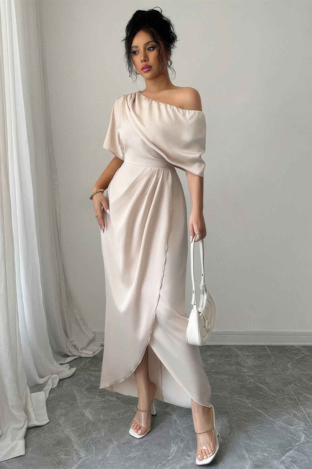 Solid One Shoulder Cross Ruched Dress