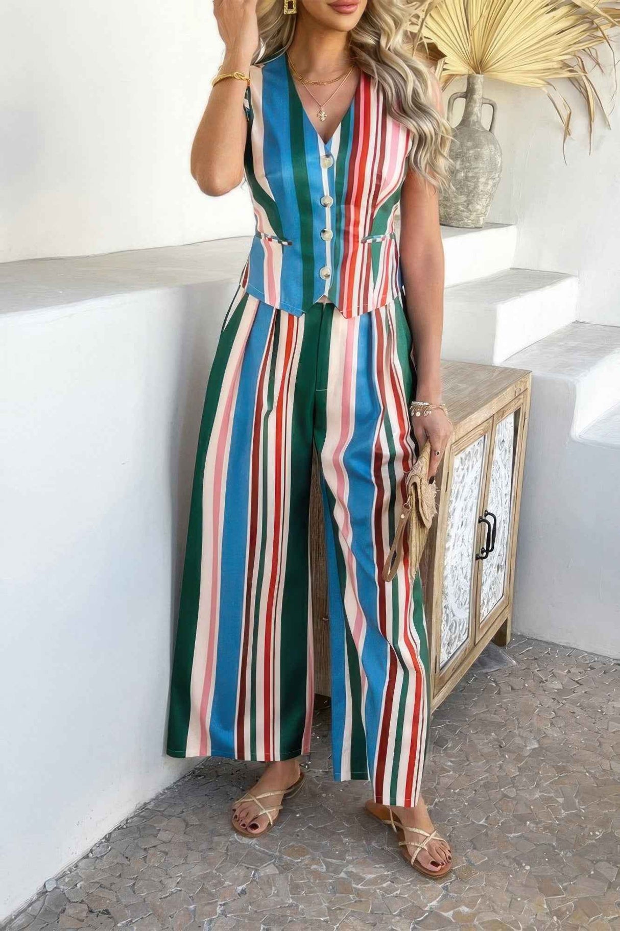 Two Pieces Stripe V Neck Button Wide Leg Sets