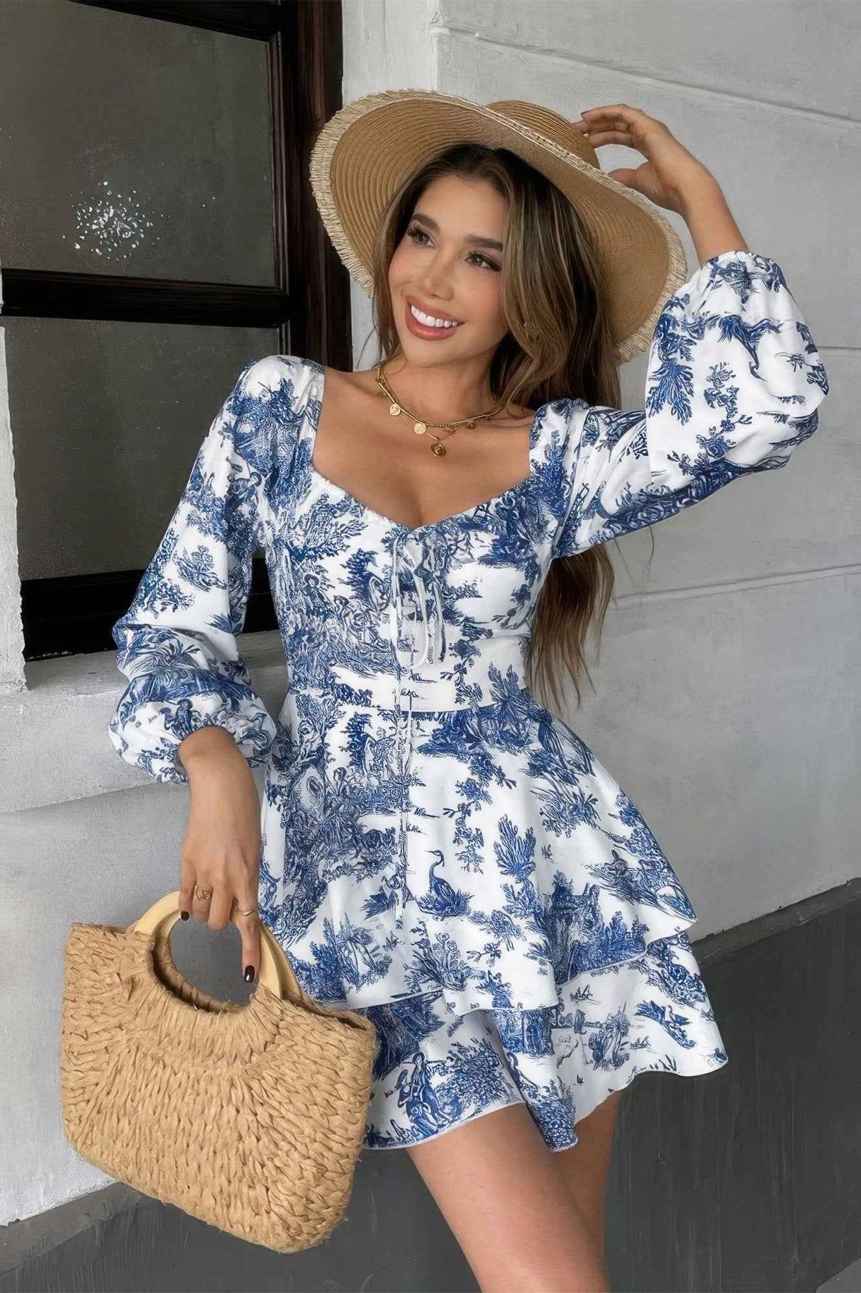 Elegant Printed Ruffle Long Sleeve Romper