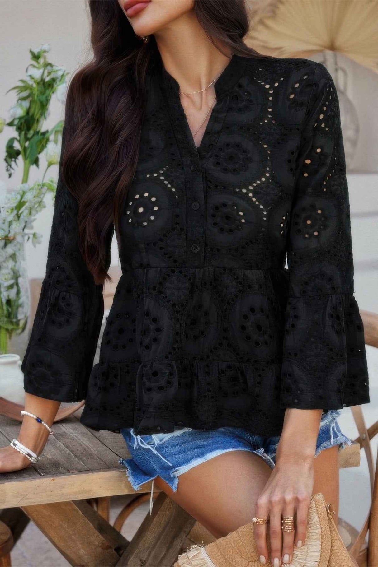 Solid Half Button Flounce Sleeve Peplum Blouse