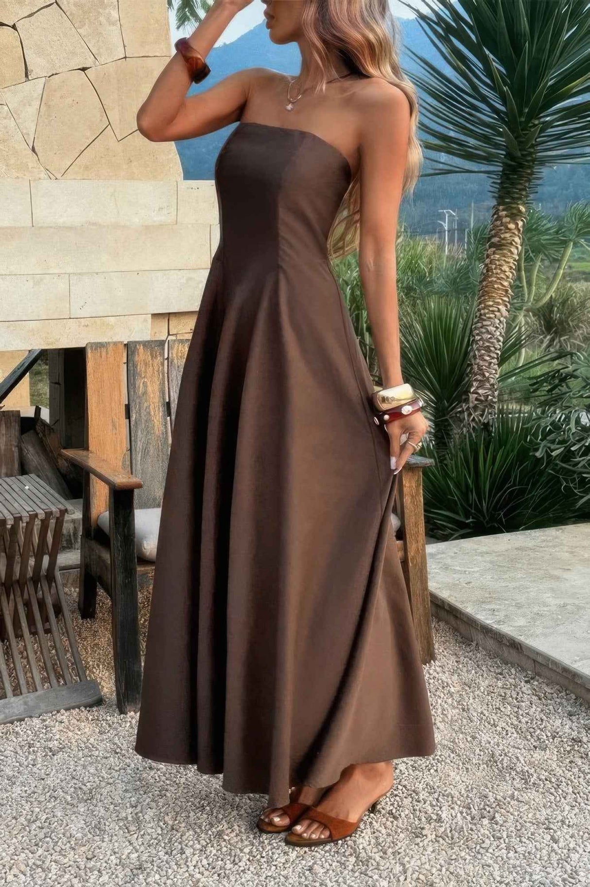 Strapless Sleeveless Solid Fit Full Dress