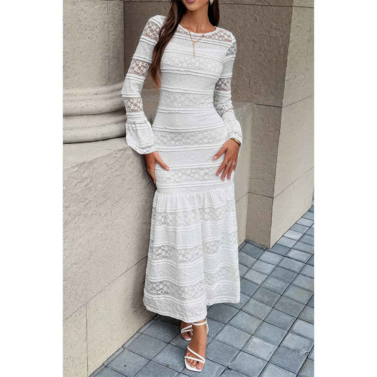 Lace Mermaid Round Neck Solid Maxi Dress