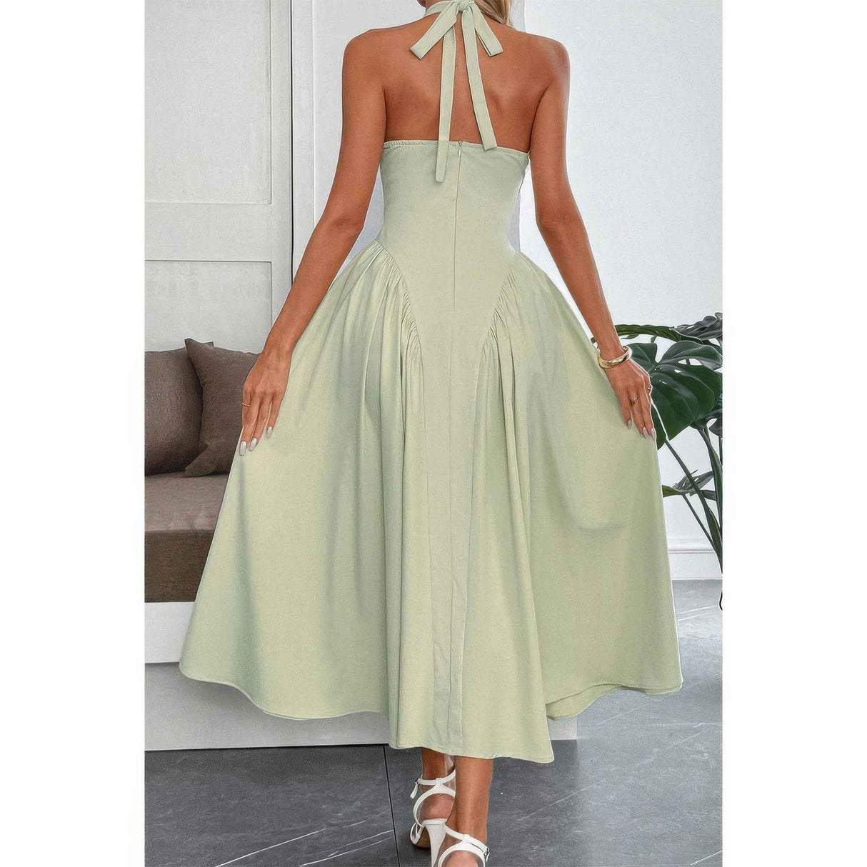 Solid Halter Hide Back Zipper Midi Sundress