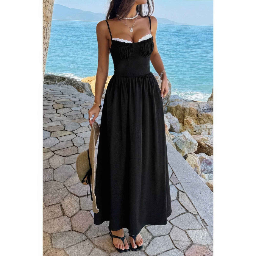 Contrast Color Lace Spaghetti Strap Long Dress