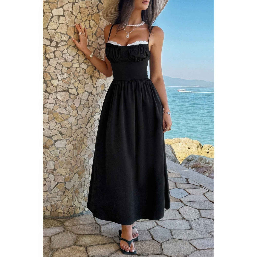 Contrast Color Lace Spaghetti Strap Long Dress