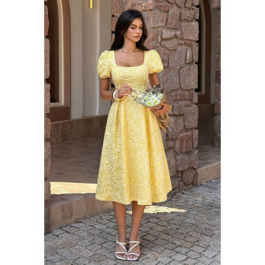 Solid Square Neck Puff Sleeve Midi Dress