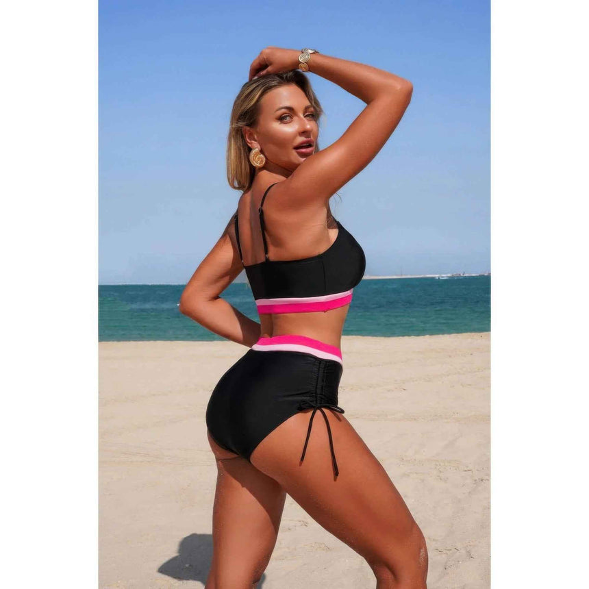 Two Piece Solid Contrast Tie Up Stretch Bikini