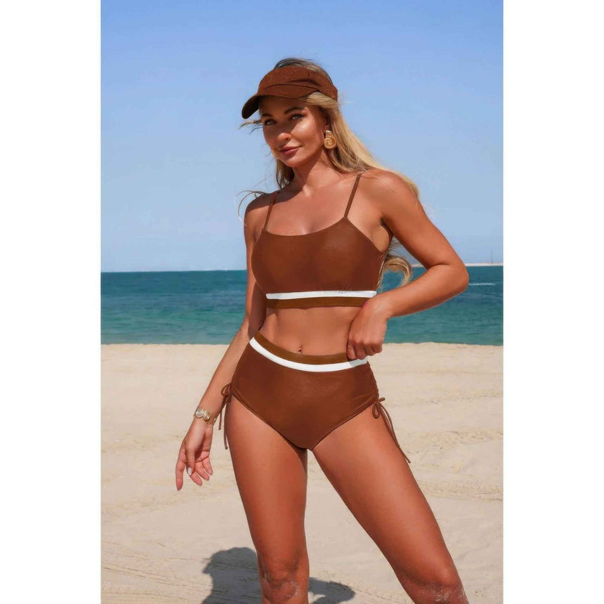 Two Piece Solid Contrast Tie Up Stretch Bikini