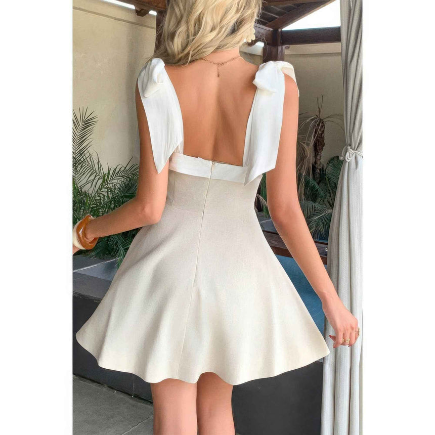 Square Neck Hide Zipper Tie Shoulder Dress