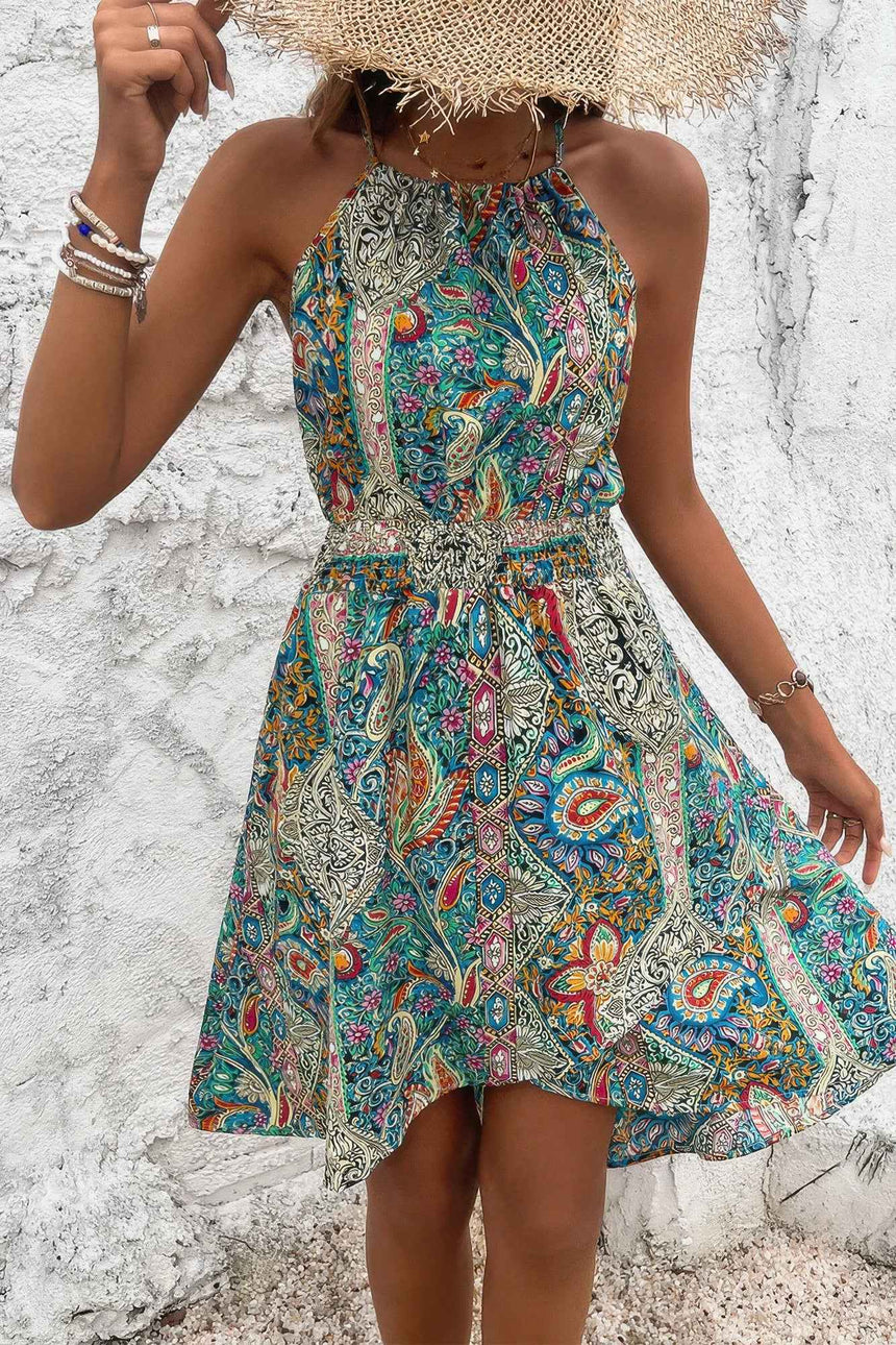 Sleeveless Paisley Print Halter Neck Dress