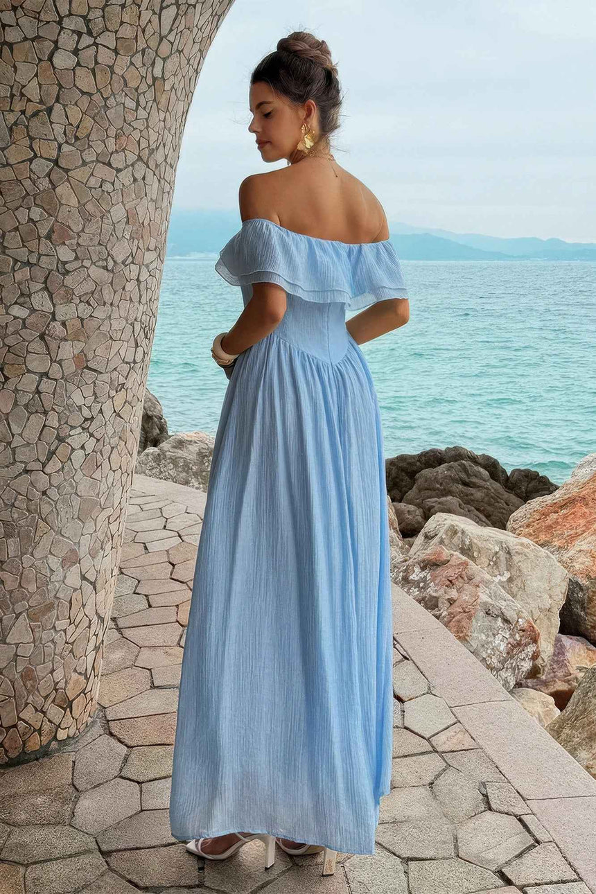 Solid Off Shoulder Corset Ruffle Long Dress