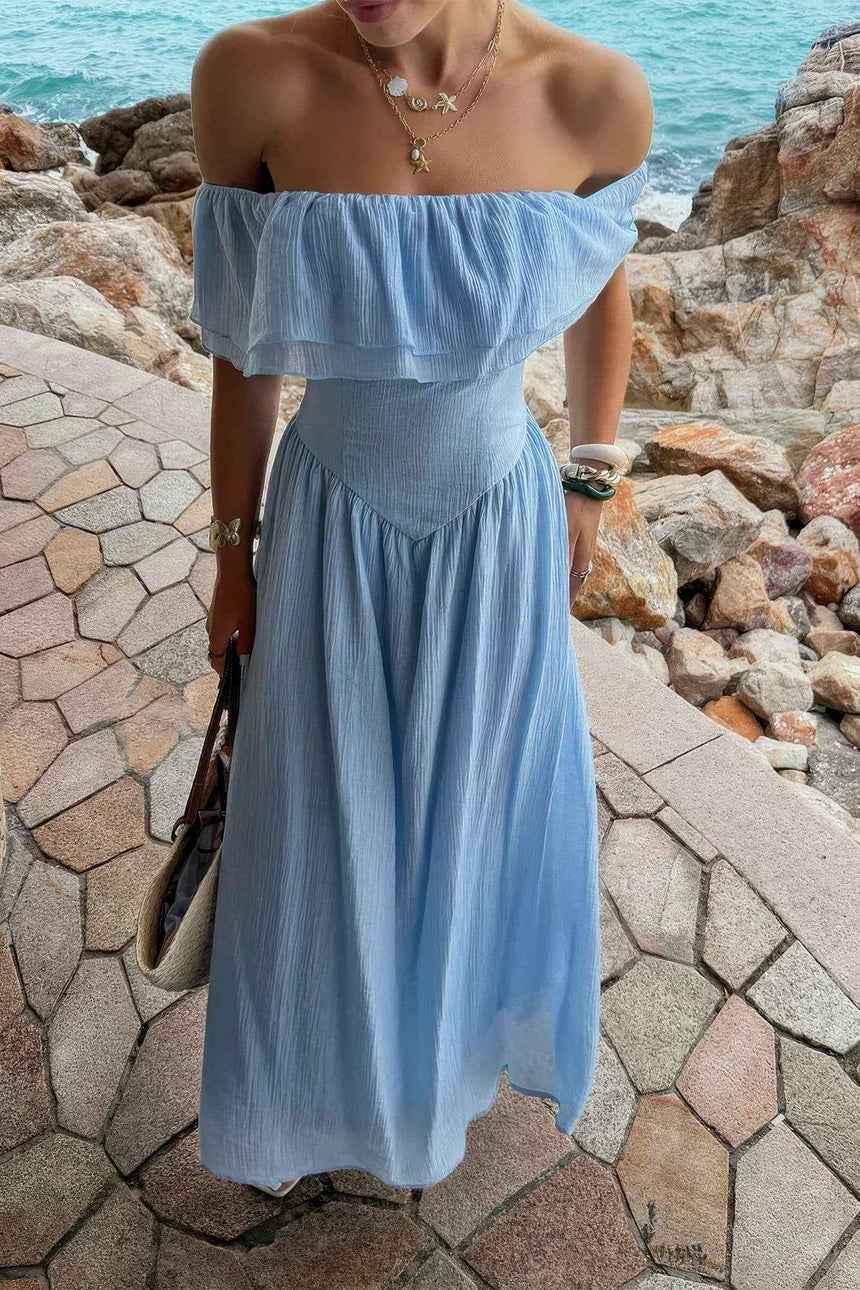 Solid Off Shoulder Corset Ruffle Long Dress