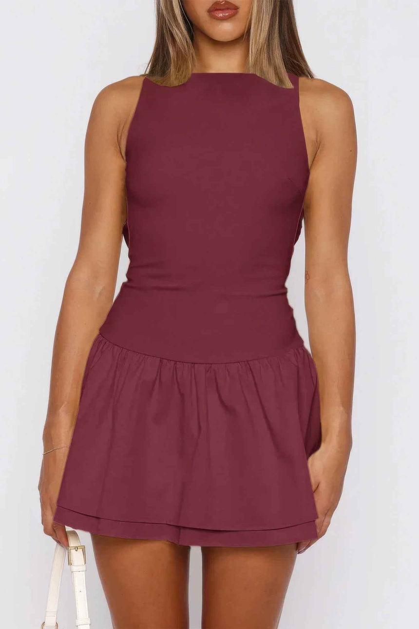 Boat Neck Sleeveless Ruched Ruffle Hem Mini Dress