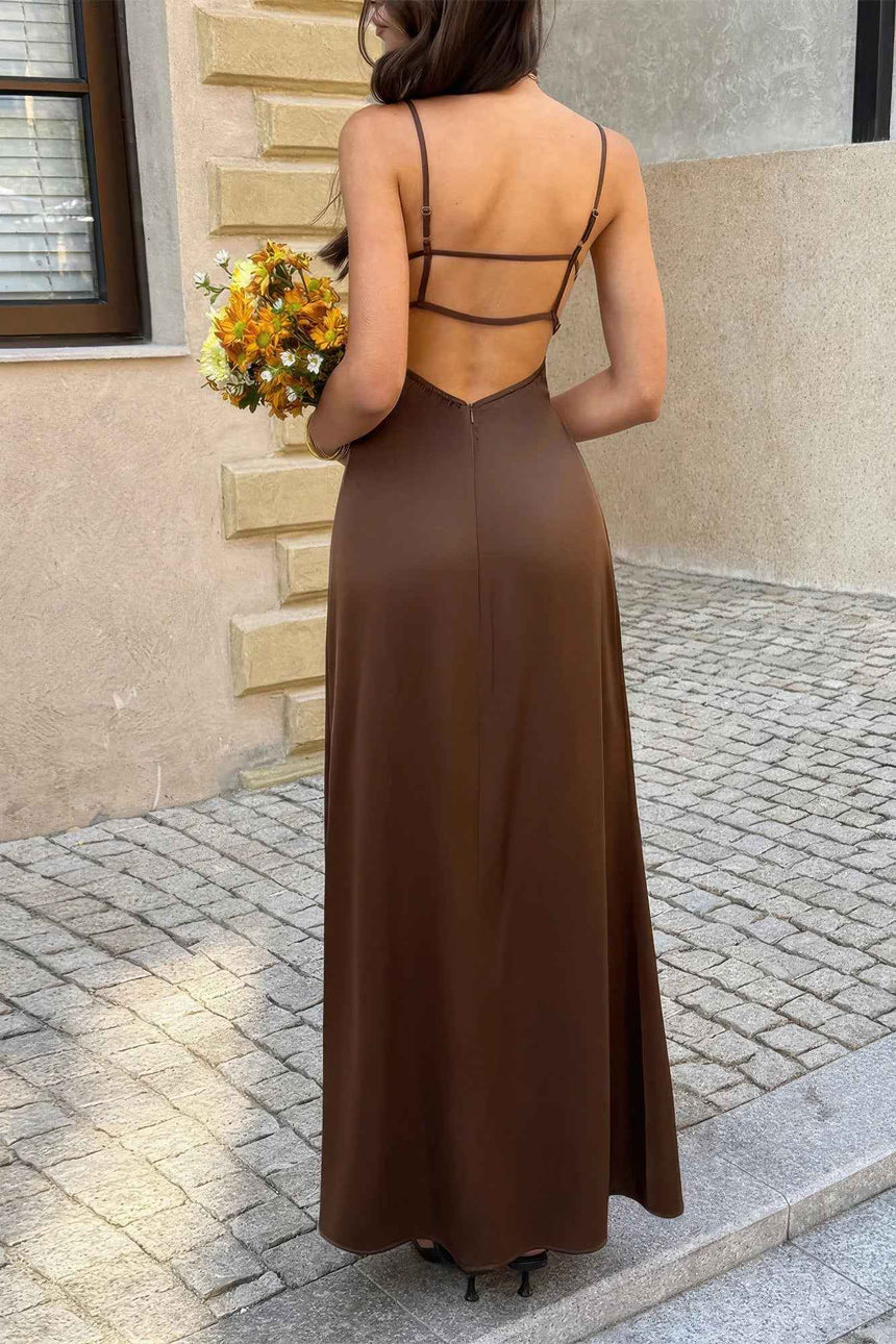 V Neck Backless Sleeveless A Line Long Dress