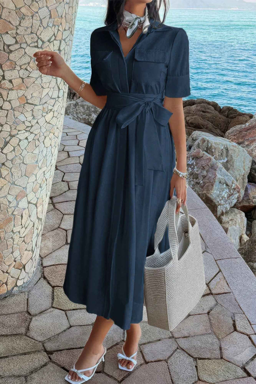 Solid Pocket Turn Down Collar A Line Dress