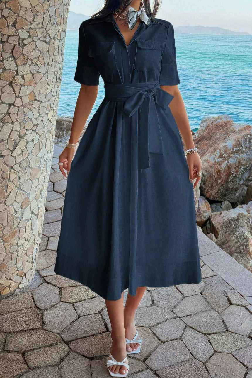 Solid Pocket Turn Down Collar A Line Dress