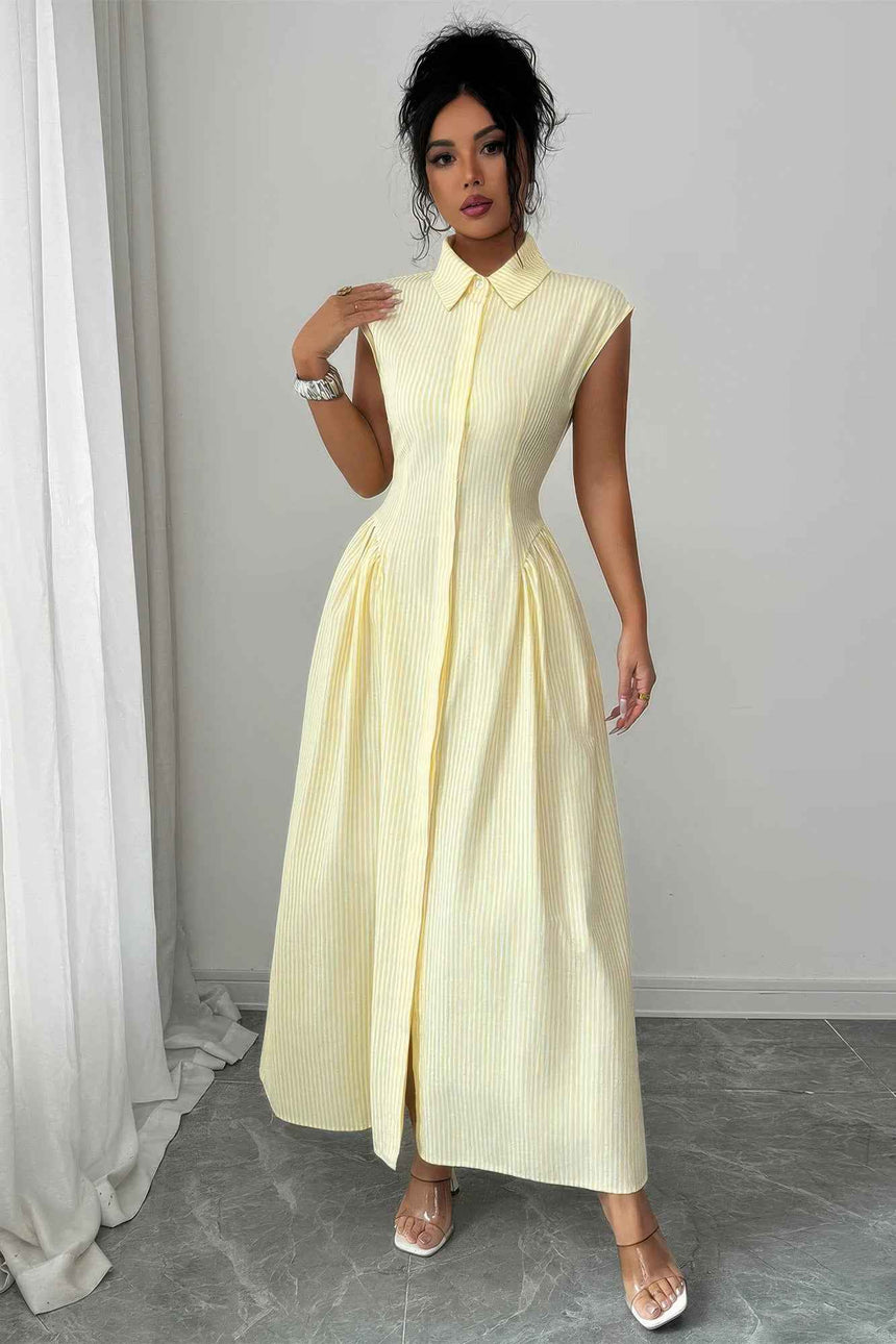 Front Slit Collar Cap Sleeve Ruched Waist Long Dress