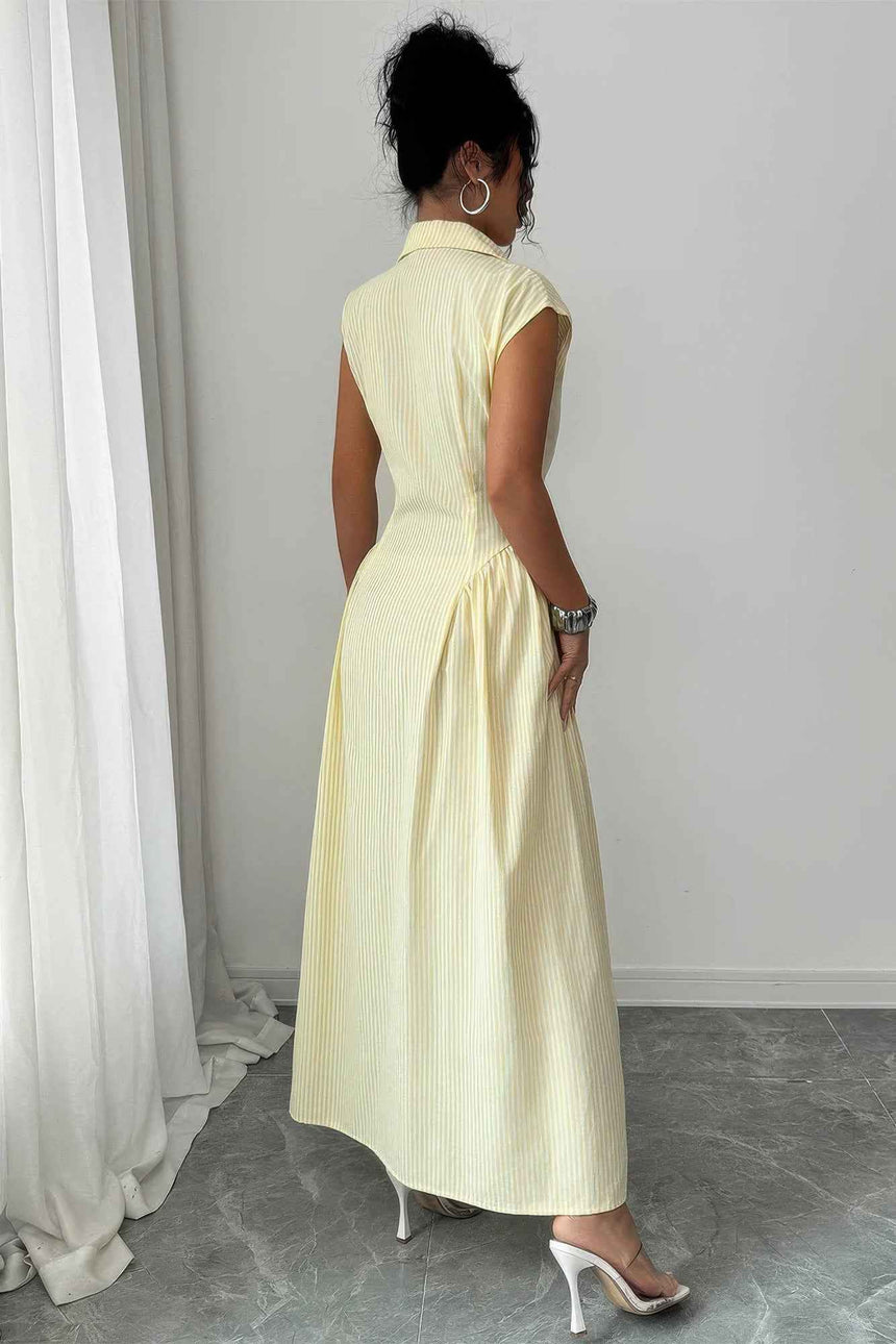 Front Slit Collar Cap Sleeve Ruched Waist Long Dress