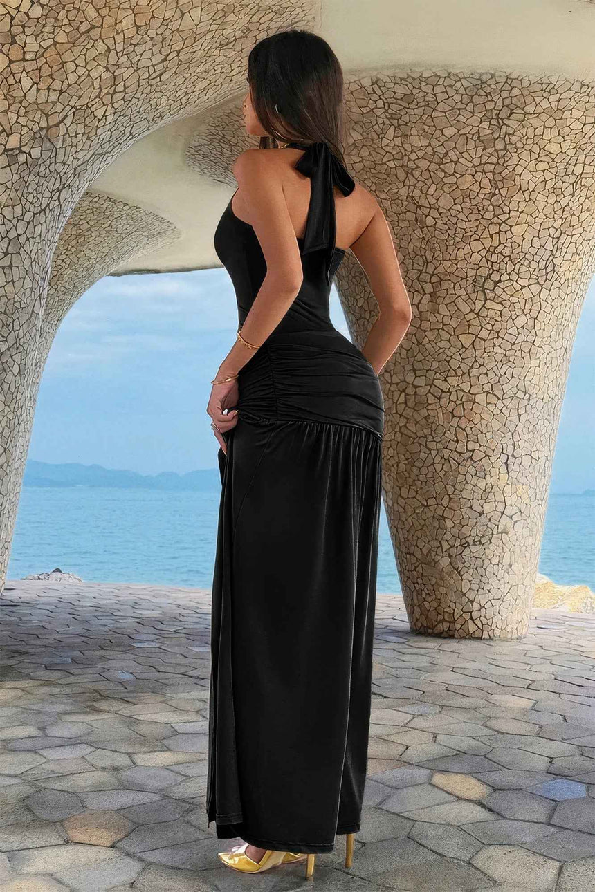 Halter Pleated High Split Halter Backless Maxi Dress