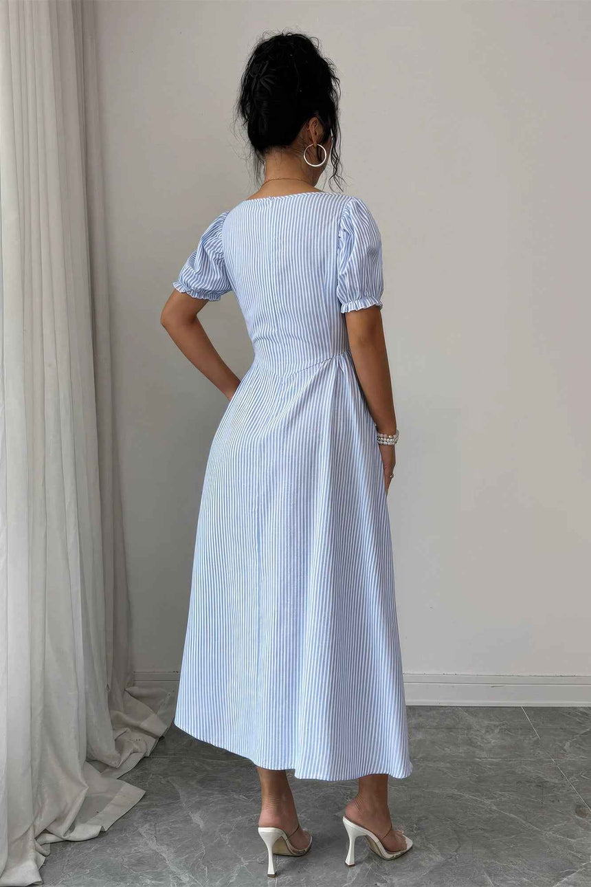 Square Neck Puff Sleeve Backless Bow Tied Striped Flowy Dress