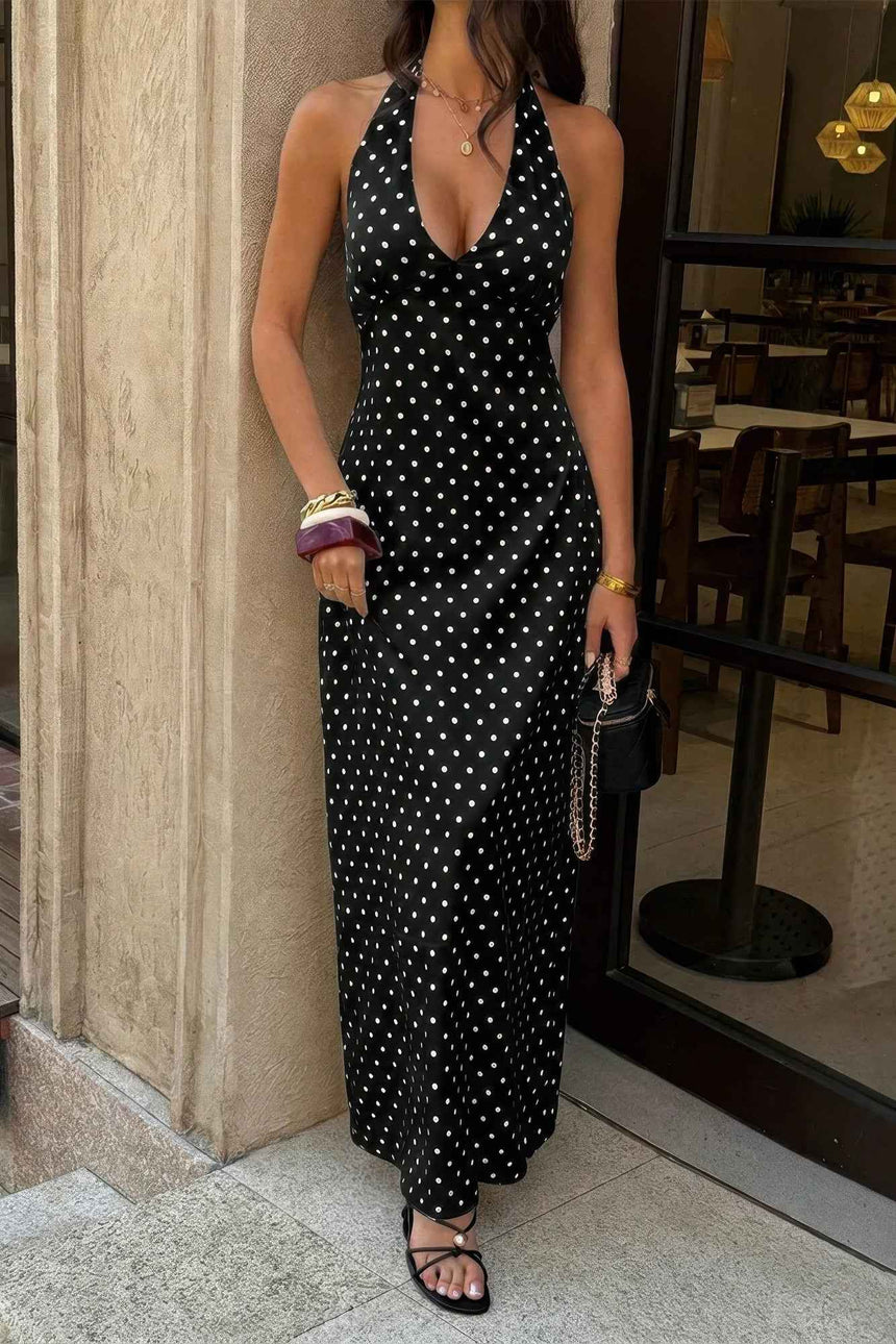 Polkadot Halter Bodycon Sleeveless Long Dress