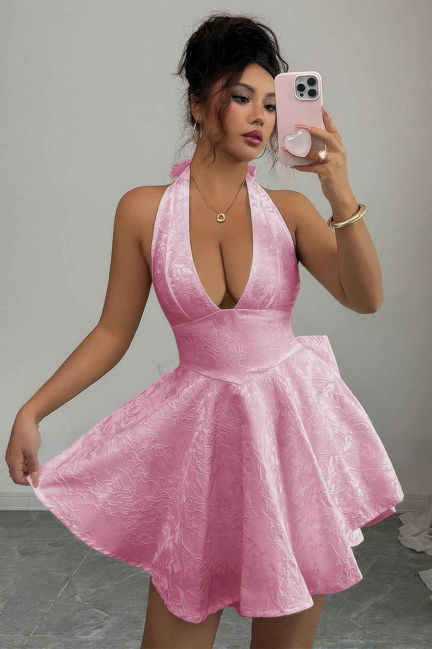 Halter V Neck Back Cross Knot Embroidery Dress